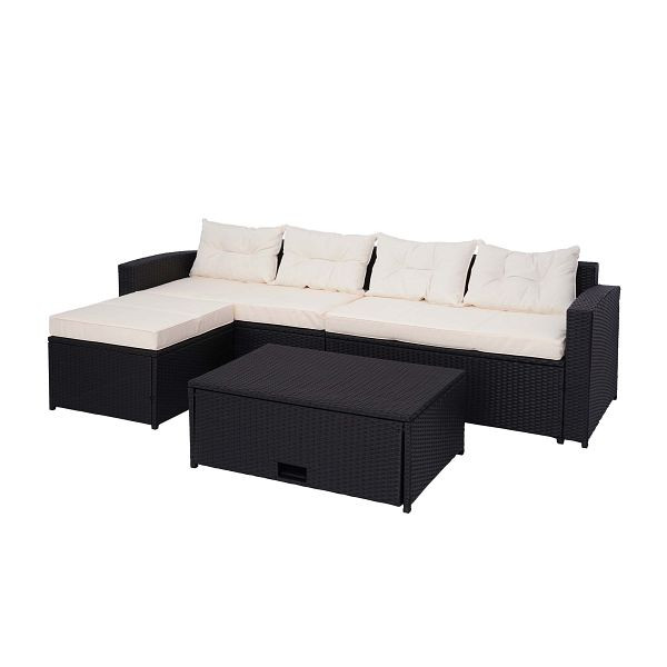 Mendler poly rotan set HWC-J34, balkon-/tuin-/loungeset, bank, opbergvak, zwart, kussens creme-beige, 77084+77085+77086