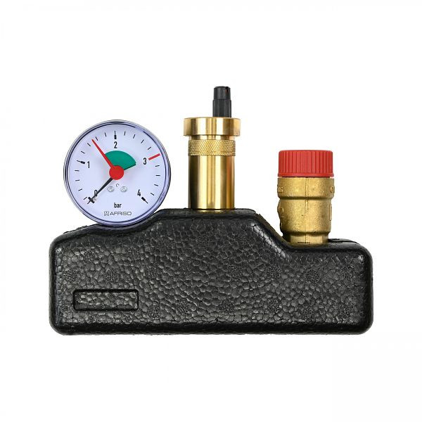 Solarbayer ketel veiligheidsgroep KS25 DN25 (1" IT), kleine verdeler met zwarte isolatiebox, 330000601