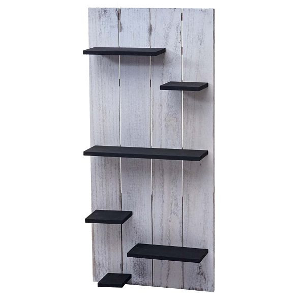 Mendler wandplank HWC-C65, wandpaneel houten plank, 6 niveaus 110x50x14cm massief hout vintage, wit/donkergrijs shabby, 61607