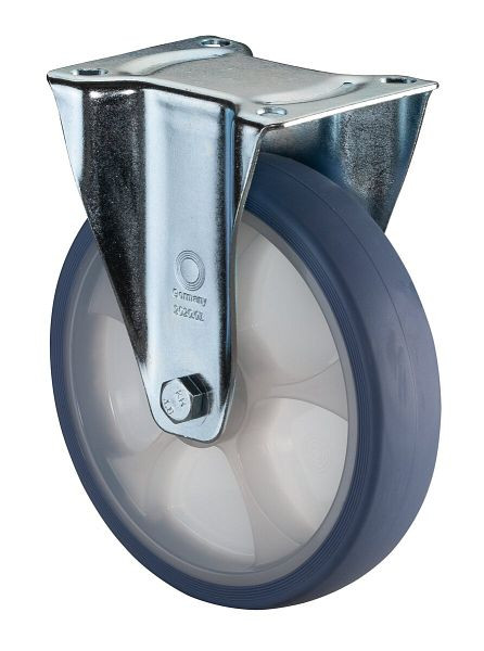 BS rollen transportrol vaste rol, thermoplastisch rubber wiel, lichtblauwe band, natuurlijke velg, rollager, plaat, diameter: 200 mm, L410.B44.201.05