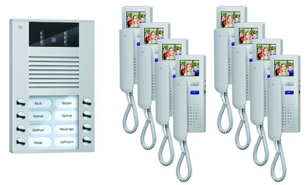 TCS deurbediening video: pack AP voor 8 wooneenheden, met voordeurstation AVE 8 belknoppen, 8x videodeurtelefoon IVH3222, besturing, PVE1580-0010