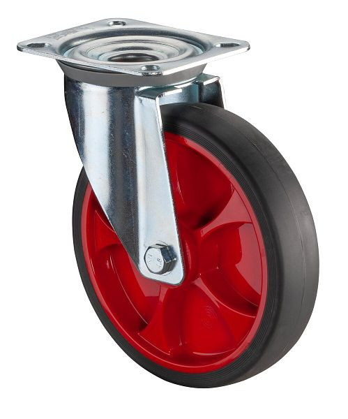 BS rollen transportwiel zwenkwiel, thermoplastisch rubberen wiel, grijze band, rode velg, rollager, plaat, diameter: 200 mm, L400.B44.201.03