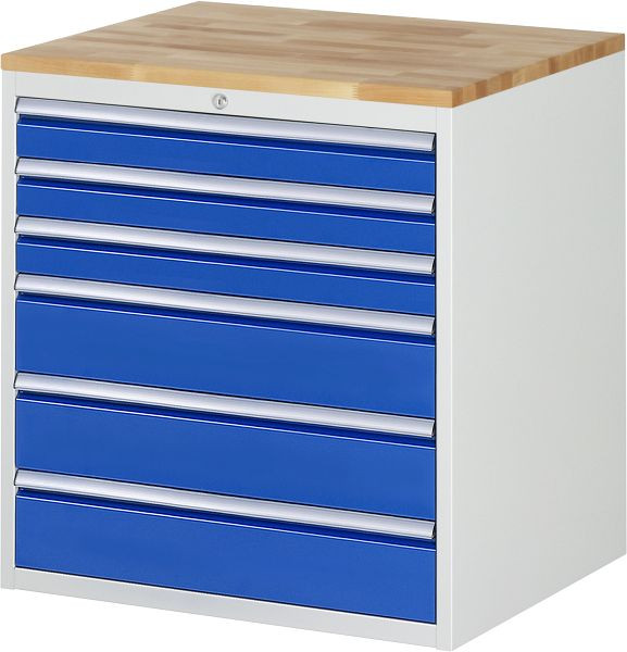 RAU ladekast serie 7000, B770 x D650 x H825mm, 6 x lade maat XL 3xH90, 3xH150 mm, massief beukenhouten blad, dikte 25 mm, 03-XL5.9A-B.11