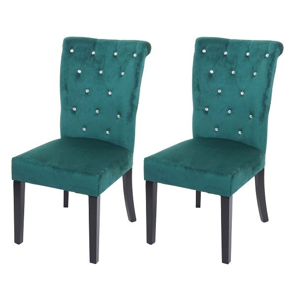 Mendler set van 2 eetkamerstoelen HWC-D22, stoel keukenstoel, noppenfluweel, donkergroen, zwarte poten, 74562