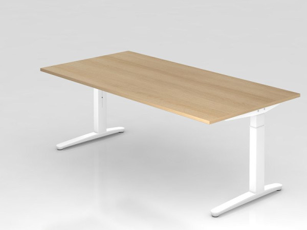 Hammerbacher bureau C-poot 200x100cm eiken/wit, witte aluminium loper, rechthoekige vorm, VXB2E/E/WW