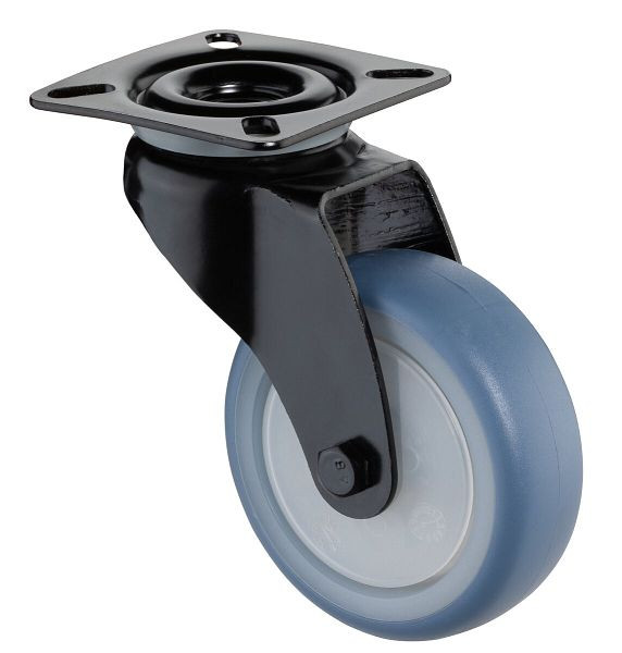 BS Castors Zwenkwiel zwart, thermoplastisch rubber wiel lichtblauw, natuurlijke velg, kogellager, plaat, diameter: 75 mm, verpakking: 4 stuks, A800.A85.075.05