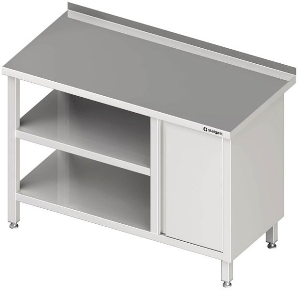 Werktafel Stalgast, hoogte 850 mm, met onderstel en tussenblad, met draaideurkast, zonder opstand, gelast