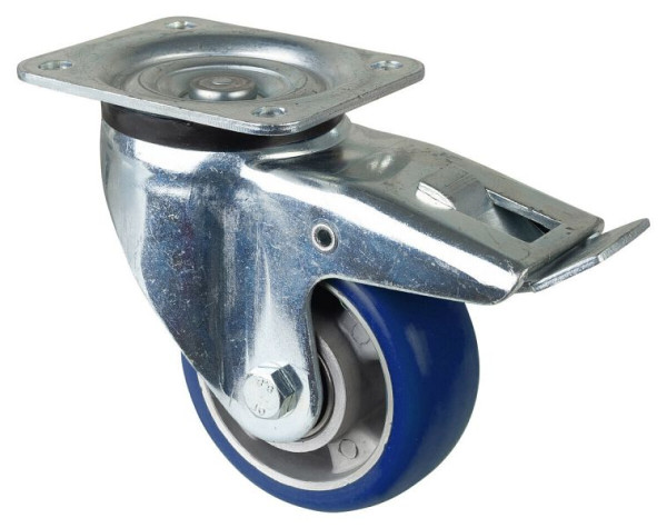 BS Rollen zwaarlastwiel zwenkwiel met rem, polyurethaan wiel 83 Shore, aluminium velg, kogellager, plaat, diameter: 125 mm, L620.B92.125