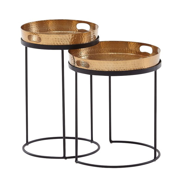 Wohnling bijzettafel set van 2 goud/zwart metaal gehamerd ronde tafel, salontafel uitneembaar blad, WL6.459
