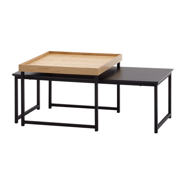 Wohnling salontafel set van 2 hout/metaal banktafel vierkant eiken zwart moderne bijzettafel 2-delig design woonkamertafels WL6.501