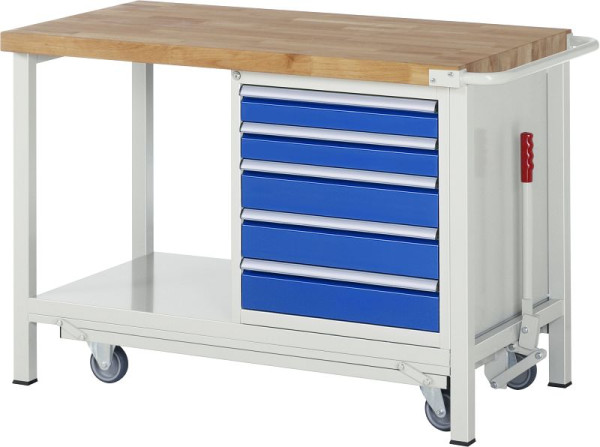 RAU werkbank met neerlaatbaar onderstel serie 8000, 5x lade, legbord, 1250x880x700 mm, 05-8171A6-127B4F.11