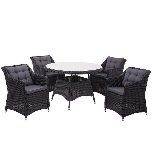 Mendler polyrotan set HWC-F51, tuin-/loungeset, tafel en 4 stoelen, ronde rotan antraciet kussens, donkergrijs, 69756+2x69757+70984