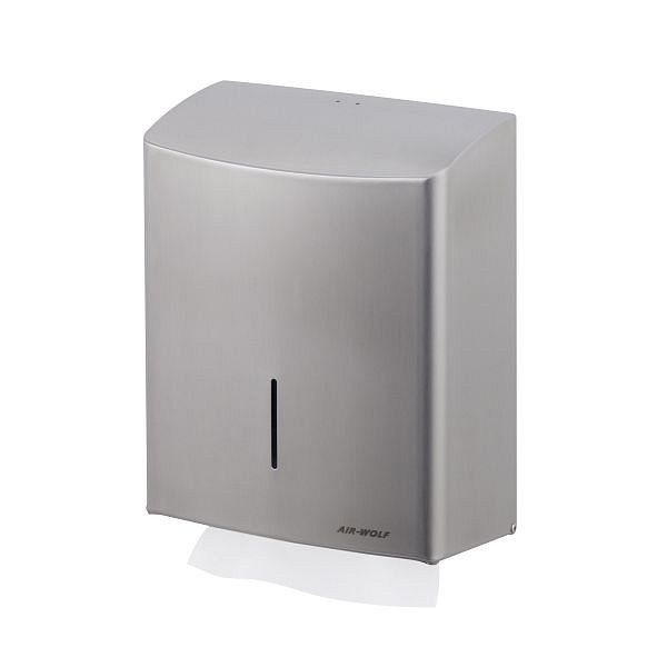Air Wolf papieren handdoekdispenser voor maximaal 600 gevouwen handdoeken, Alpha-serie, H x B x D: 333 x 265 x 141 mm, geborsteld roestvrij staal, 60-111