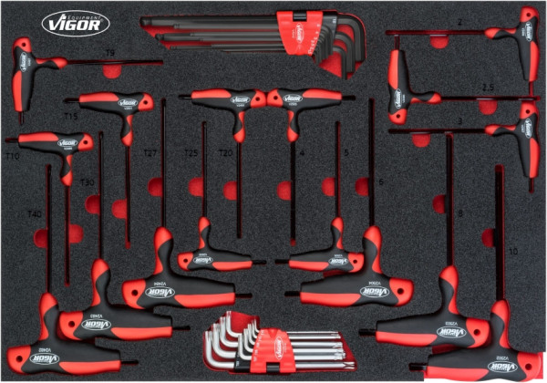 VIGOR T-greep schroevendraaier en haakse schroevendraaier set, binnen TORX® profiel, binnenzeskant profiel, 2 - 10, T9 - T40, aantal gereedschappen: 34, V5175
