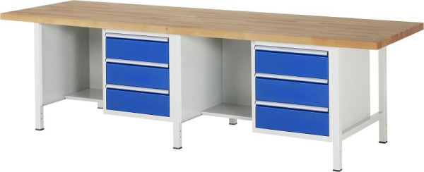 RAU werkbank serie 8000 - frameconstructie (gelast frame), 2 onderbouw containers (3x lade, plank), 3000x840x900 mm, 03-8452A2-309B4S.11
