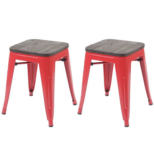 Mendler set van 2 krukken HWC-A73 incl. houten zitting, metalen kruk kruk, metalen industrieel design stapelbaar, rood, 70400