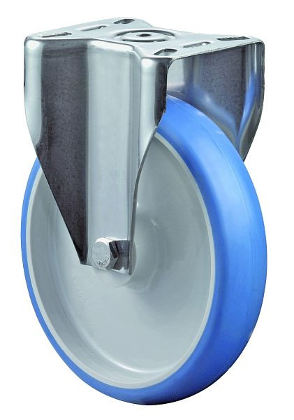 BS rollen RVS transportrol, vaste rol, breedte 50 mm, Ø200 mm, tot 200 kg, polyurethaan blauw, wiellichaam kunststof, glijlager, plaat, H110.B32.200