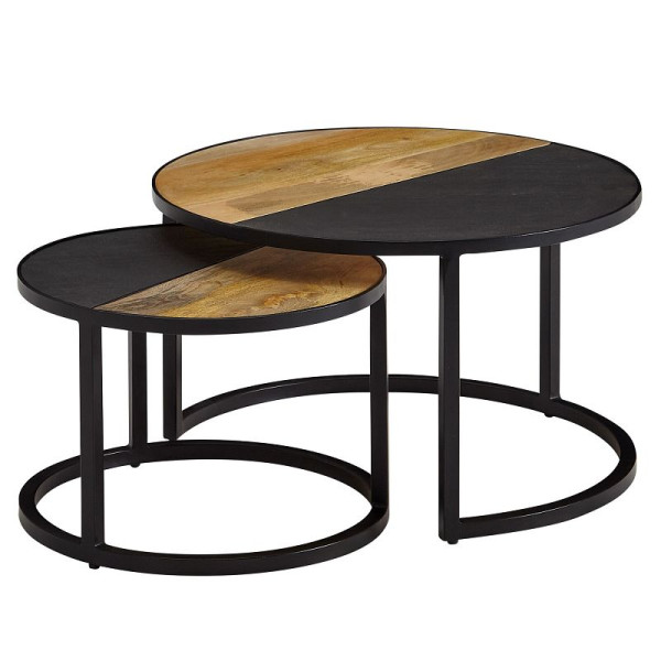 Wohnling salontafel set van 2 mango massief hout/steen salontafel rond modern, design bijzettafel 2-delig, ronde woonkamertafels, WL6.582