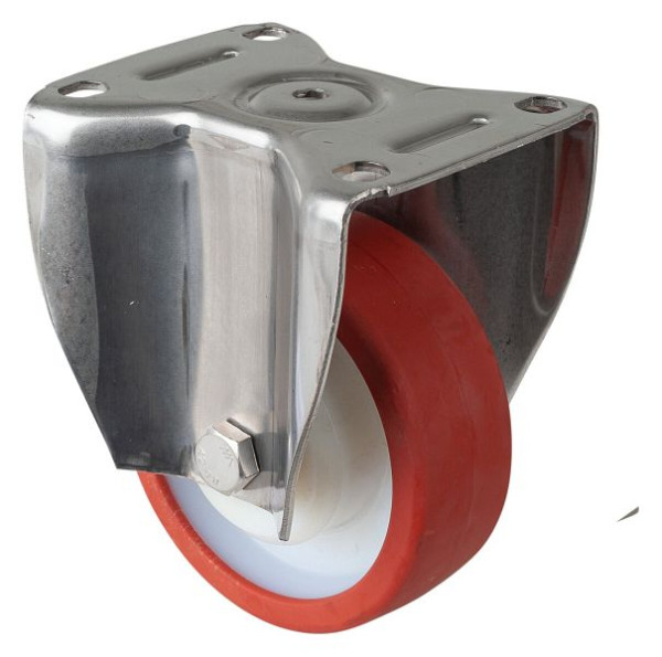 BS rollen RVS zwaarlastwiel bokwiel, RVS, glijlager rood polyurethaan wiel, schroefplaat, diameter 125 mm, HS110.B27.126