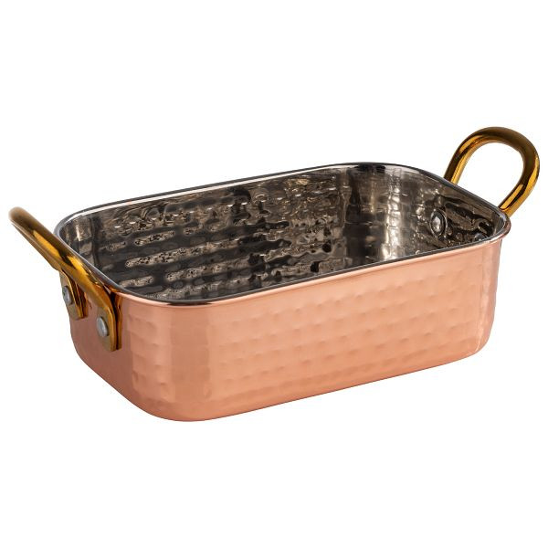 APS mini serveerpan -MUMBAI-, 14,5 x 9,5 x 4,5 cm, RVS, buitenkant: gehamerd koperlook, 0,45 liter, afmetingen met handvat: 18,5 x 9,5 x 6,5 cm, 40736