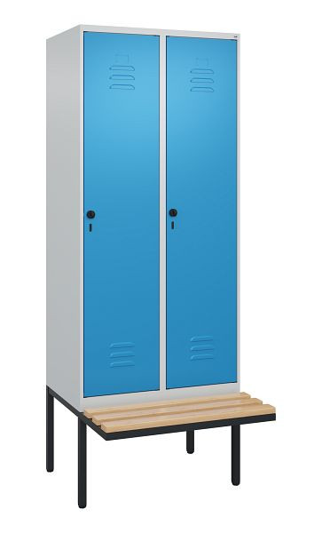 C+P Umkleidespind Classic PLUS, 2 Abteile, 2120x800x815mm, 7035/5012, Drehriegel, Buche-Sitzleisten, 0800407-22 S10004