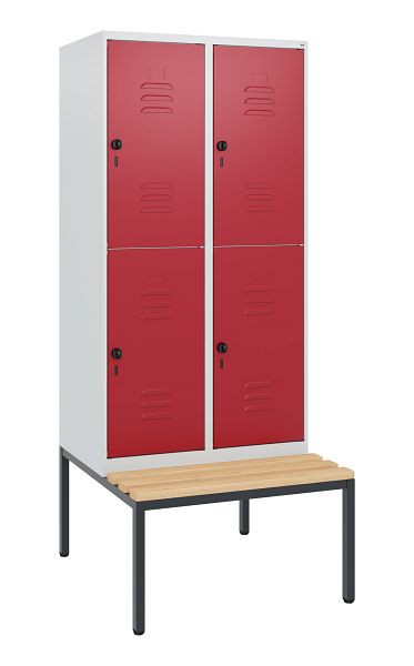 C+P Doppelstöckiger Spind Classic PLUS, 2 Abteile, 1950x800x815mm, 7035/3003, Drehriegel, Buche-Sitzleisten, mit untergebauter Sitzbank, 0803505-22 S10001