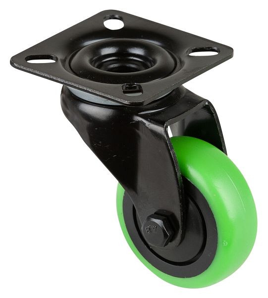 BS Wielen Zwart zwenkwiel, groen thermoplastisch rubberen wiel, zwarte velg, kogellager, plaat, diameter: 50 mm, VE 8 stuks, A800.A85.050.04