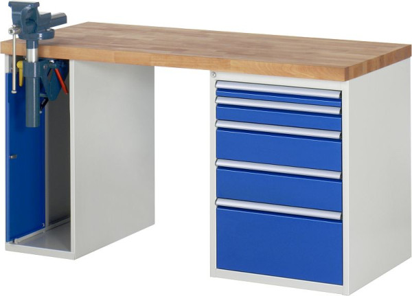 RAU werkbank serie 7000 - modulair ontwerp, 5 x laden, 1 x bankschroefkast, 1500x840x700 mm, 03-7511A2-157B4S.11