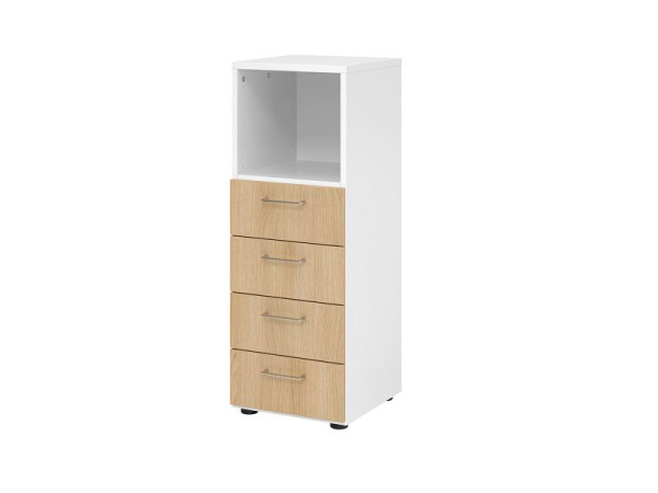Hammerbacher ladekast 3OH, 4 laden 934S4 BS, romp: wit / front: eiken, 40x41,7x110 cm (BxDxH), 4 laden, metalen handgreep BS, V934S4/W/E/BS