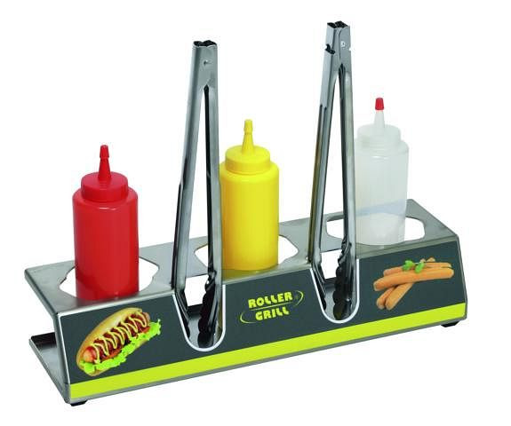 ROLLER GRILL Kit KHDS60 für Hot Dog, Edelstahl Halter incl. 3 Quetschflaschen und 2 Edelstahl Zangen 300 mm, KHDS60