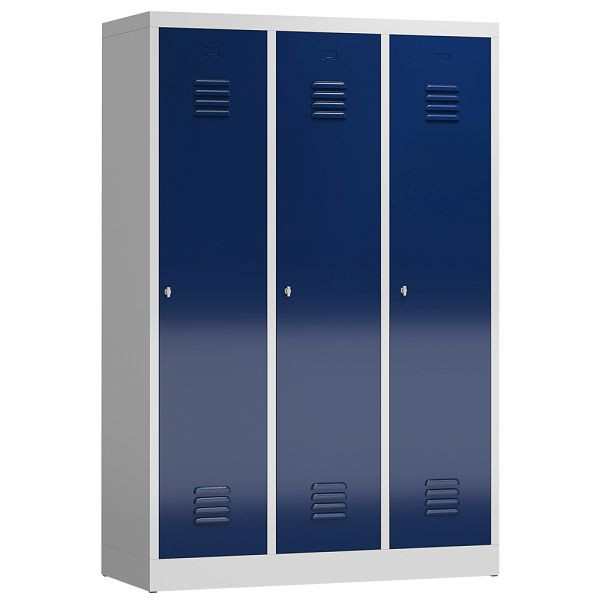 Lüllmann ClassiX kledingkast, 3 vakken met zwart-wit scheiding, 1800 x 1185 x 500 mm, lichtgrijs/gentiaanblauw, X-515131