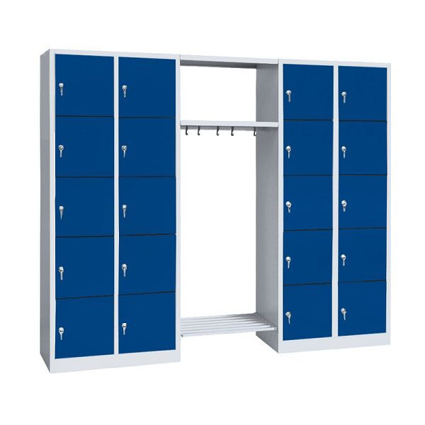 Lüllmann kledingkast, 2 vakken links, 2 vakken rechts, elk 5 vakken, 1800 x 2400 x 500 mm, lichtgrijs/gentiaanblauw, 525551