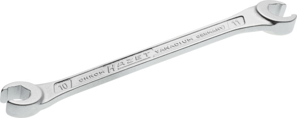 Hazet dubbele ringsleutel, open, buitenzeskantprofiel, 10 x 11 mm, voor buisfittingen, kop 15° gebogen, 612-10X11