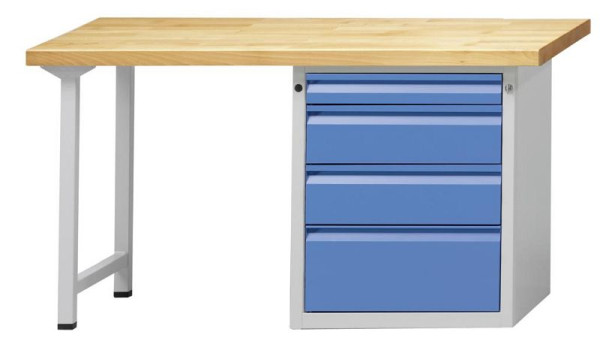 ANKE combinatie werkbank; 1500x700 mm; RAL 7035/5012; Rechter plintkast 625x640x800 mm, 4 laden 85, 170, 170, 255 mm