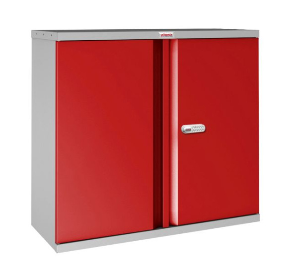 Phoenix SCL-serie stalen opbergkast met 2 deuren en 1 plank, grijze behuizing en rode deuren met elektronisch slot, SCL0891GRE