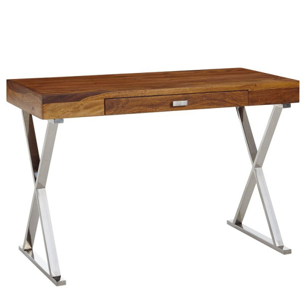 Wohnling bureau 120x55x78 cm Sheesham massief hout / metaal chroom, design bureautafel met lade, WL6.539