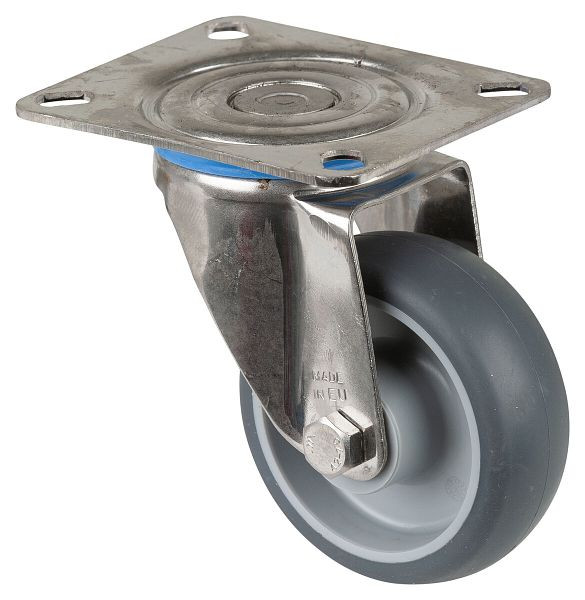 BS rollen RVS transportrol, breedte 30 mm, Ø80 mm, tot 60 kg, grijze thermoplastische banden, kunststof wiellichaam, glijlager, plaat, H100.B43.080