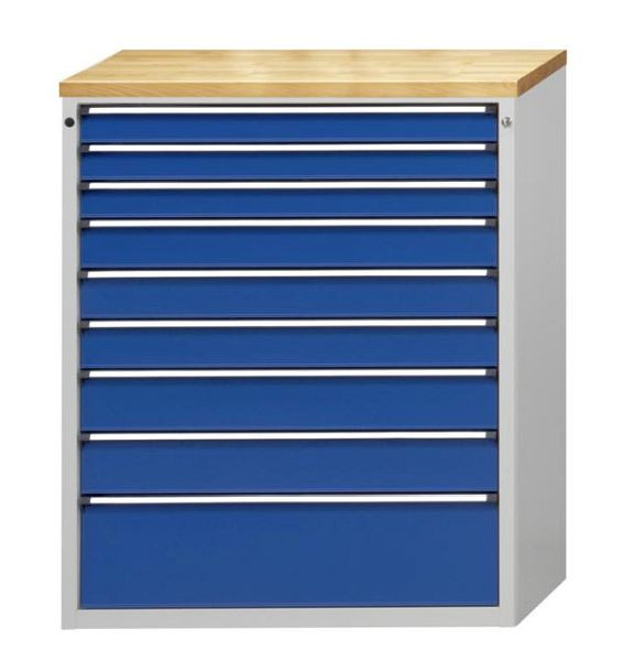ANKE gereedschapskast; 1065x700x1320 mm; RAL 7035/5010; Massief beuken blad 40 mm; 9 laden 90, 90, 90, 120, 120, 120, 150, 150, 270 mm, 610.511