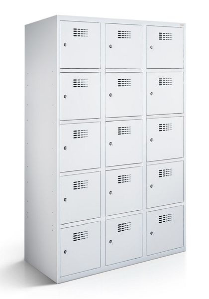 KEMMLIT lockerkast met 3 vakken en 15 deuren 30cm met gesloten bodem, lichtgrijs 7035, draaibare sluiting, 100718