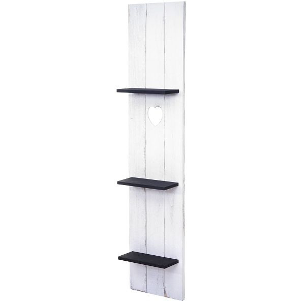 Mendler wandplank HWC-C92, wandpaneel houten plank, 3 niveaus 150x33x13cm massief hout vintage, wit/donkergrijs shabby, 61941