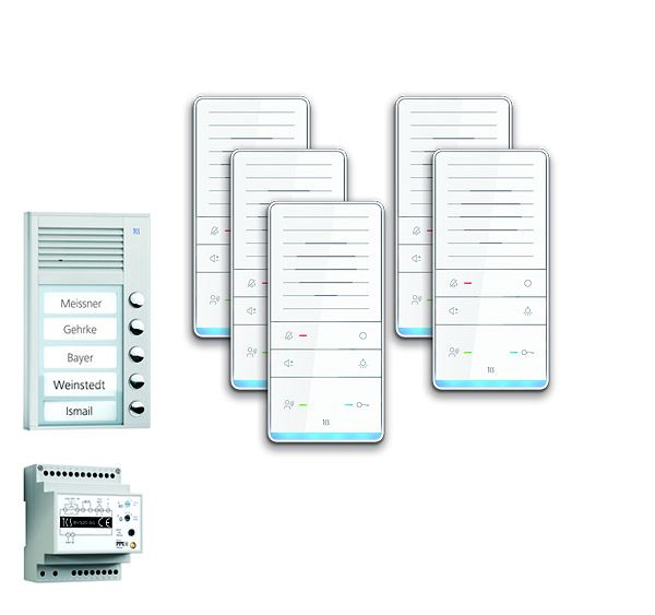 TCS deurbediening audio: pack AP voor 5 woonunits, met buitenstation PAK 5 belknoppen, 5x handsfree luidspreker ISW5031, bedieningsunit BVS20, PAAF051 / 001