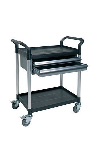 DENIOS gereedschapswagen TOOL, buizen van geborsteld aluminium, 2 niveaus, 2 laden, 180-039