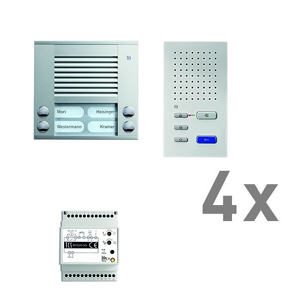 TCS deurbediening audio: pack AP voor 4 wooneenheden, met buitenpost PES 4 belknoppen, 4x handsfree luidspreker ISW3030, bedieningseenheid BVS20, PAAF042 / 002