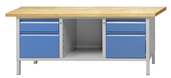 ANKE kastwerkbank 2000x700mm; RAL7035 / 5012; Links 1 lade 170 mm; 1 deur rechts 1 lade 170 mm; 1Tür