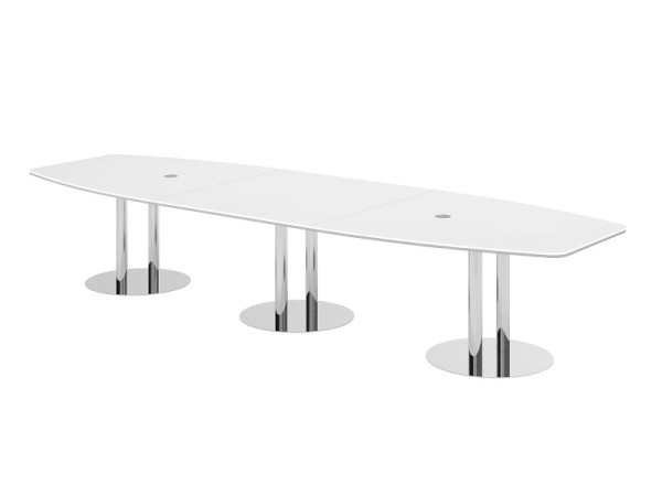 Hammerbacher vergadertafel KT40S, 400 x 130 cm, blad: wit, 25 mm dik, met drie verchroomde kolompoten, 7,6/70 cm, werkhoogte 74 cm, VKT40S/W/C