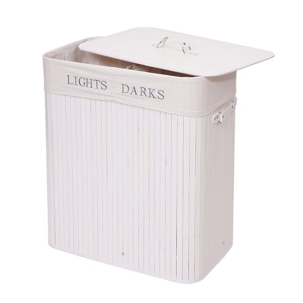 Mendler wasmand HWC-C21, Wasmand wasbox wasmand wasmand, bamboe 2 vakken 63x55x34cm 100l, wit, 74041