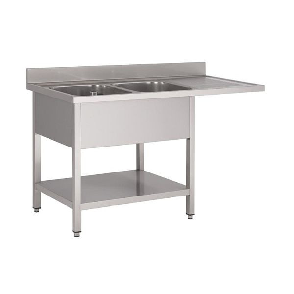 Gastro-Inox spoelunit met 2 spoelbakken links, bodem en ruimte voor vaatwasser, 1600mm, compleet met overlooppijp en afvoerkraan, 305.512