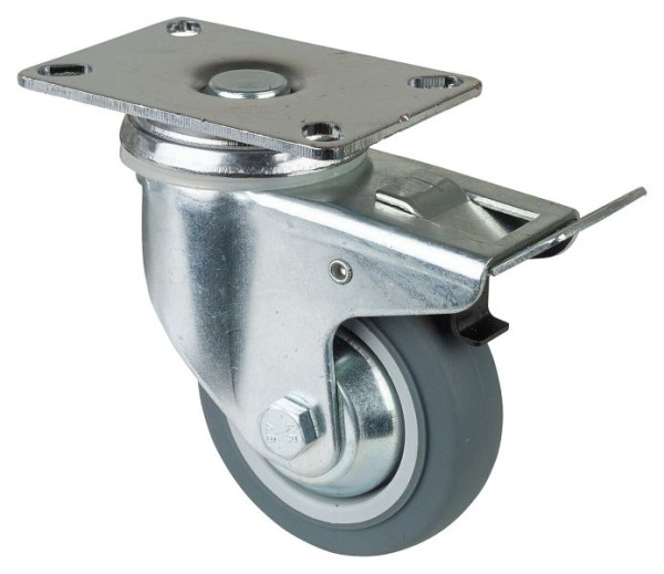 BS-wielen Zwaar apparaatwiel met rem, breedte 21 mm, Ø80 mm, tot 80 kg, grijs rubber, kogellager, plaat, VE = 2 stuks, C120.A85.081