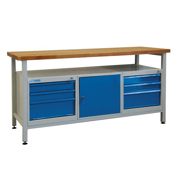 ADB werkbank 6 laden + 1 deur (L), plank, afmetingen LxBxH: 1700x600x840 mm, werktafel: lichtgrijs, RAL 7035, deur/laden: lichtblauw, RAL 5012, 42750