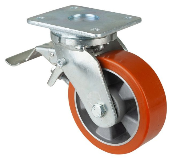 BS-wielen Zwaarlastwiel met wiel/slot, B50 mm, Ø150 mm, tot 550 kg, oppervlak gegoten polyurethaan 95 Shore A, aluminium, kogellager, RR120.B90.150